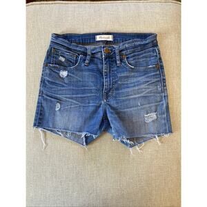 Madewell Distressed High-Waist Denim Shorts in Medium Blue